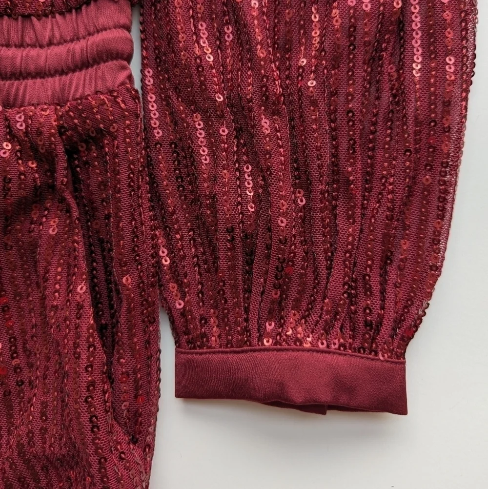 FashionNova Deep Red Wrap Front Collared Fully Sequin Long Sleeve Jumpsuit- sz S